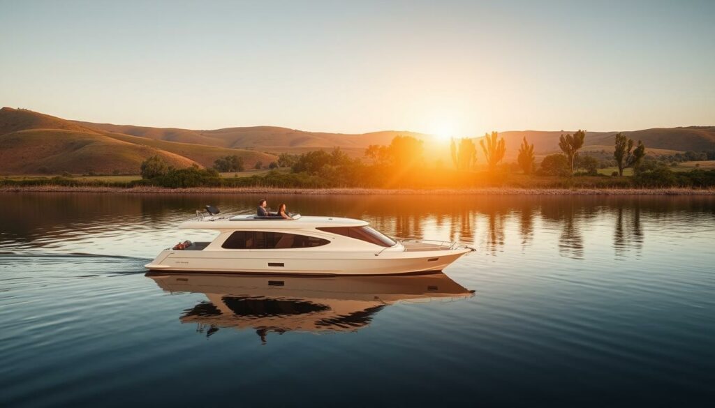 A serene houseboat gently floating on the tranquil waters of the Alqueva Reservoir, surrounded by the rolling hills and lush greenery of the Alentejo region. The warm, golden light of the sun casts a soft glow across the scene, creating a sense of peace and relaxation. The houseboat's sleek, modern design is reflected in the still water, mirroring the natural beauty that surrounds it. In the distance, the silhouettes of towering eucalyptus trees line the shore, adding to the serene atmosphere. This picturesque tableau invites the viewer to imagine themselves immersed in the tranquil moment, experiencing the unforgettable pleasures of life on the Alqueva Reservoir.