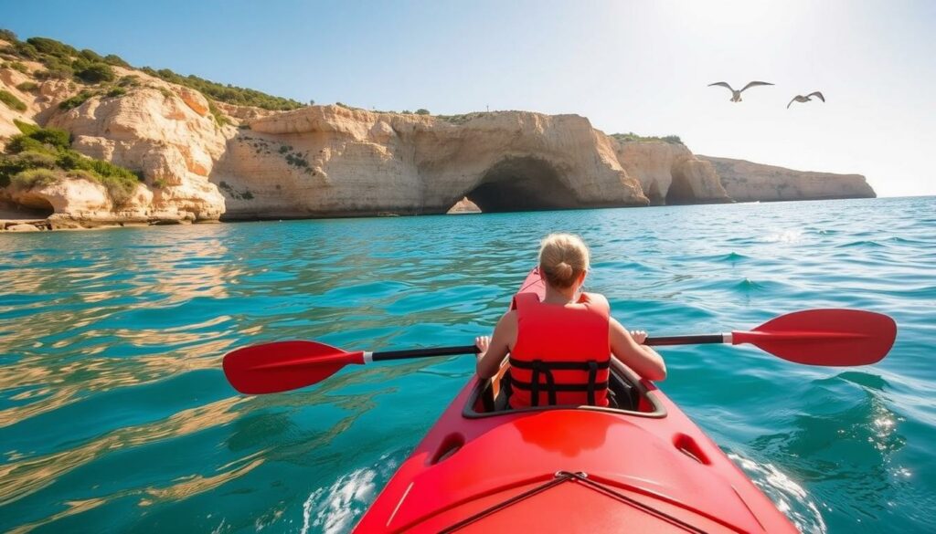 A serene kayak tour along the Algarve coast, the sun's golden rays gently illuminating the limestone cliffs and turquoise waters. In the foreground, a sleek, vibrant red kayak glides effortlessly, its occupant donning a life jacket and holding a paddle at the ready. The middle ground reveals the breathtaking Benagil Cave, its vast, arched entrance inviting exploration. In the background, a picturesque coastline stretches, dotted with lush vegetation and the occasional seabird soaring overhead. The scene exudes a sense of adventure and tranquility, capturing the essence of the "What to Bring" section of the Benagil Cave kayak tour article.