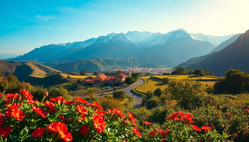 A serene landscape in Madeira during the tranquil month of November. In the foreground, a lush, verdant garden overflows with vibrant flowers, their petals glistening in the warm sunlight. In the middle ground, a winding path leads to a picturesque village, its terracotta-roofed houses nestled among rolling hills. The background is dominated by the majestic mountains, their peaks capped with a dusting of snow, creating a breathtaking contrast against the azure sky. Soft, diffused lighting casts a warm, inviting glow over the entire scene, conveying the peaceful, restorative atmosphere of a Madeiran November.