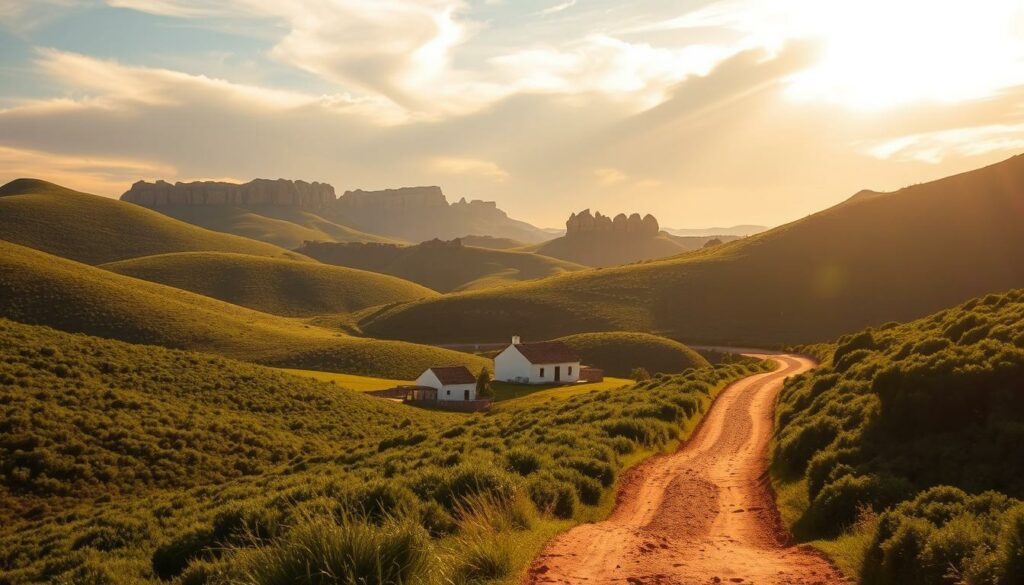 A serene landscape in the interior of the Algarve region, Portugal. Rolling hills covered in lush, verdant vegetation gently undulate towards the horizon, bathed in warm, golden sunlight filtering through wispy clouds. A winding dirt path meanders through the scene, inviting the viewer to explore the tranquil countryside. In the middle ground, small clusters of traditional whitewashed buildings with terracotta roofs blend seamlessly into the natural surroundings. The background is dominated by rugged, weathered rock formations, casting dramatic shadows across the tranquil tableau. An air of peaceful solitude and timeless charm permeates the scene, reflecting the limited diversity and homogeneous nature of the Algarve's interior landscapes.
