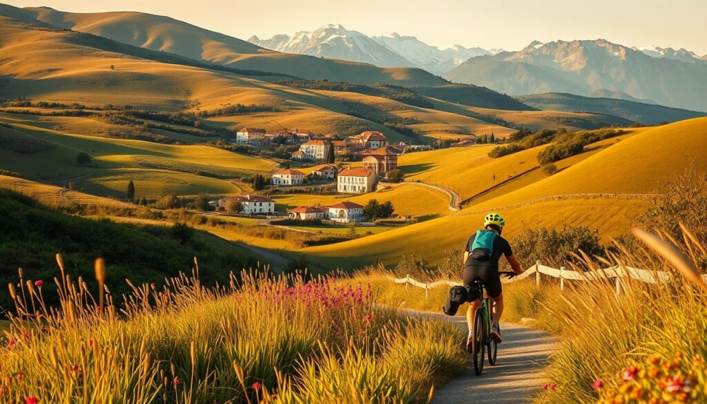 A serene landscape of rolling hills and lush greenery in central Portugal, bathed in warm, golden sunlight. In the foreground, a cyclist pedals along a winding path, surrounded by vibrant wildflowers and tall, swaying grasses. The middle ground features charming, picturesque villages nestled among the hills, their terracotta roofs and whitewashed walls glowing in the afternoon light. In the distance, majestic mountains rise up, their peaks capped with a dusting of snow, creating a breathtaking backdrop for this idyllic scene. The overall mood is one of tranquility, adventure, and the beauty of the natural world, perfectly capturing the essence of the best time to explore central Portugal by bicycle.