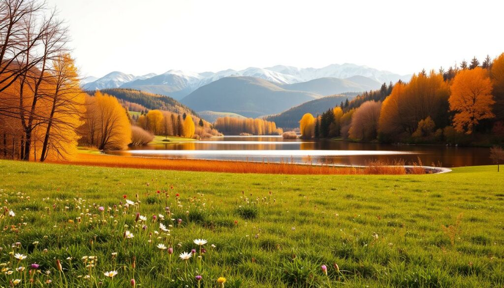 A serene landscape showcasing the distinct seasons in Braga, Portugal. In the foreground, a lush, verdant meadow dotted with wildflowers in the spring. Transitioning to a golden, autumnal palette in the middle ground, with trees ablaze in shades of red and orange. The background depicts a tranquil lake, its surface reflecting the snowcapped peaks of the Peneda-Gerês mountains during the winter. Soft, diffused lighting bathes the scene, creating a warm, inviting atmosphere. The composition emphasizes the cyclical nature of the seasons, capturing the essence of Braga's temperate climate throughout the year.