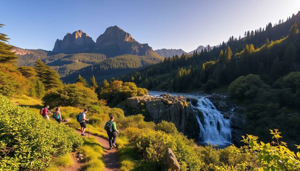 A serene landscape showcasing the natural wonders of central Portugal's breathtaking national parks. In the foreground, a group of hikers exploring a lush, verdant trail, navigating through a canopy of vibrant foliage. The middle ground features a stunning waterfall cascading over rugged, mossy rocks, its spray glistening in the warm, golden sunlight. In the distance, towering mountain peaks rise majestically, their slopes blanketed in a tapestry of evergreen forests. The scene conveys a sense of tranquility and adventure, inviting the viewer to immerse themselves in the beauty and serenity of Portugal's remarkable natural landscapes.