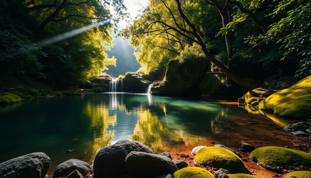 A serene natural pool nestled amidst the lush, verdant foliage of the Levada do Alecrim on the island of Madeira. The tranquil waters, fed by a gentle waterfall, reflect the surrounding mountainous landscape in a mirror-like surface. Sunlight filters through the canopy of trees, casting a warm, golden glow and creating captivating patterns of light and shadow. In the foreground, smooth rocks and vibrant moss-covered banks invite visitors to pause and immerse themselves in the peaceful, restorative atmosphere. The scene evokes a sense of harmony between man and nature, inviting the viewer to escape the stresses of daily life and reconnect with the beauty of the natural world.
