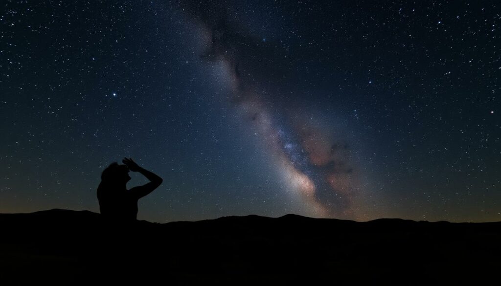 A serene nightscape in the Alentejo region, showcasing the breathtaking Milky Way galaxy against a pitch-black sky. In the foreground, a silhouetted figure stands in awe, gazing upwards with hands shielding their eyes from the dazzling celestial display. The middle ground features rolling hills and sparse vegetation, while the background is dominated by twinkling stars that seem to stretch endlessly. The scene is bathed in a soft, cool light, creating a sense of tranquility and wonder. A wide-angle lens captures the grandeur of the natural landscape, inviting the viewer to embark on a stargazing adventure in this enchanting corner of the Alentejo.