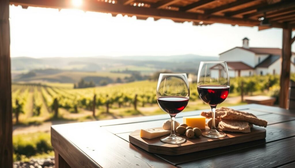 A serene outdoor scene in the Alentejo region of Portugal, showcasing the art of wine enjoyment. In the foreground, a wooden table is set with a glass of rich, ruby-red Alentejo wine, accompanied by local cheese, olives, and crusty bread. In the middle ground, a lush, verdant landscape of rolling hills and vineyards stretches out, bathed in the warm, golden light of the afternoon sun. In the background, a traditional Alentejo farmhouse or winery stands tall, its whitewashed walls and terra-cotta roof tiles reflecting the region's timeless charm. The overall atmosphere is one of tranquility, simplicity, and the appreciation of the finer things in life.