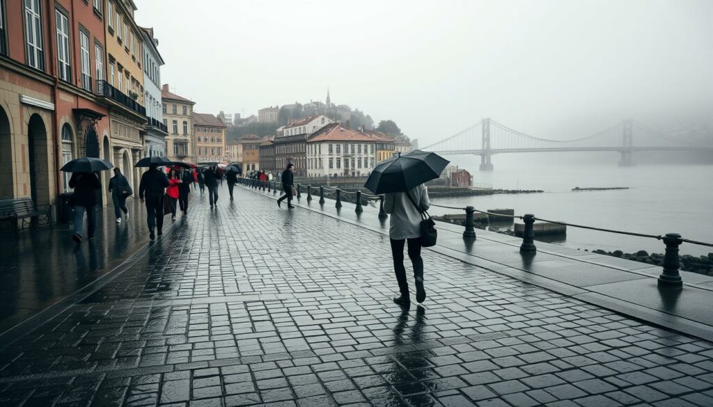 A serene rainy day in Porto, Portugal in September. The foreground features a cobblestone street with puddles reflecting the overcast sky and buildings. In the middle ground, people carry umbrellas as they navigate the charming historic district. The background reveals the Douro River and iconic bridges, shrouded in a soft mist. The lighting is muted and atmospheric, creating a moody, melancholic ambiance that evokes the rainy, autumnal season. The lens captures a wide, cinematic perspective to showcase the city's picturesque architecture and waterfront setting.