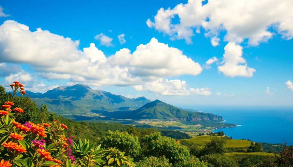 A serene summer landscape on the lush, verdant island of Madeira. In the foreground, a vibrant array of tropical foliage and flowers in full bloom, bathed in warm, golden sunlight. In the middle ground, rolling hills and vineyards, their verdant hues contrasting with the rugged, mountainous terrain in the distance. The sky is a deep, azure blue, punctuated by fluffy, cumulus clouds, conveying a sense of tranquility and warmth. The overall atmosphere evokes the essence of Madeira's sultry, Mediterranean climate, inviting the viewer to experience the island's enchanting summer ambiance. Captured with a wide-angle lens to showcase the breadth of the scene, the image conveys the beauty and diversity of Madeira's summer months.