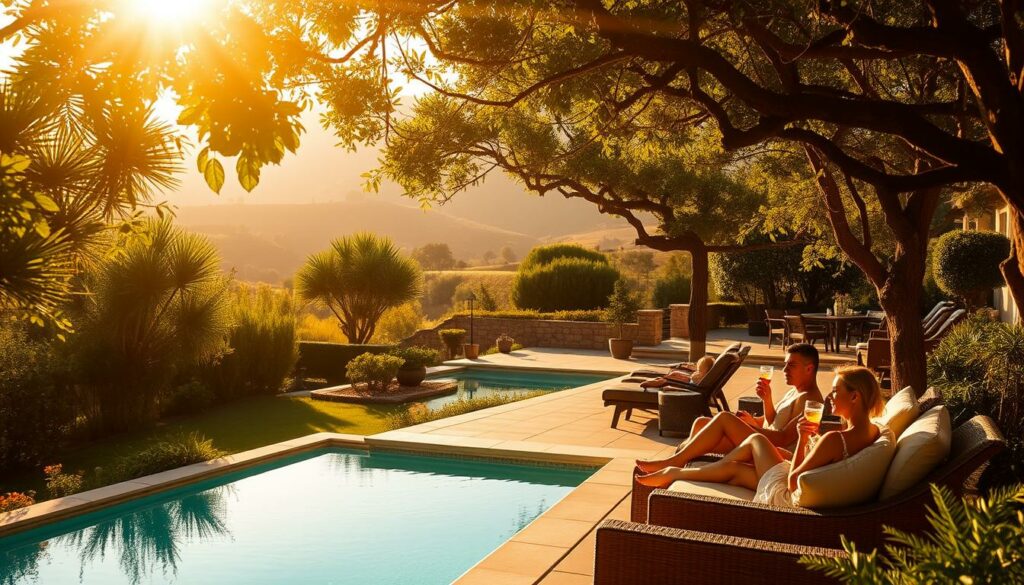 A serene, sun-dappled oasis nestled amidst the rolling hills of the Portuguese countryside. A lush, verdant garden frames a tranquil swimming pool, its crystal-clear waters reflecting the surrounding nature. In the foreground, a family lounges on plush outdoor furniture, sipping chilled drinks and savoring the peaceful ambiance. Warm, golden light filters through the trees, casting a soft, inviting glow over the entire scene. A sense of seclusion and relaxation pervades the space, creating the perfect haven for families to unwind and reconnect. Elegant yet understated, this idyllic retreat embodies the essence of a quintessential Portuguese getaway.