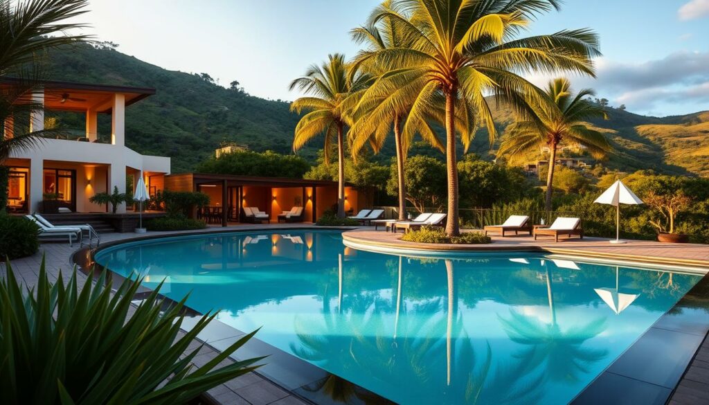 A serene, sun-dappled retreat nestled among lush, verdant hills. A tranquil swimming pool reflects the surrounding Madeira landscape, its crystal waters inviting relaxation. Elegant, modern architecture blends seamlessly with the natural environment, creating a harmonious, wellness-focused oasis. Soft, warm lighting illuminates cozy lounge areas, where guests unwind with rejuvenating spa treatments. Towering palm trees sway gently in the breeze, evoking a sense of tropical seclusion. The scene conveys a perfect balance of luxury and simplicity, a sanctuary for those seeking to escape the stresses of daily life.