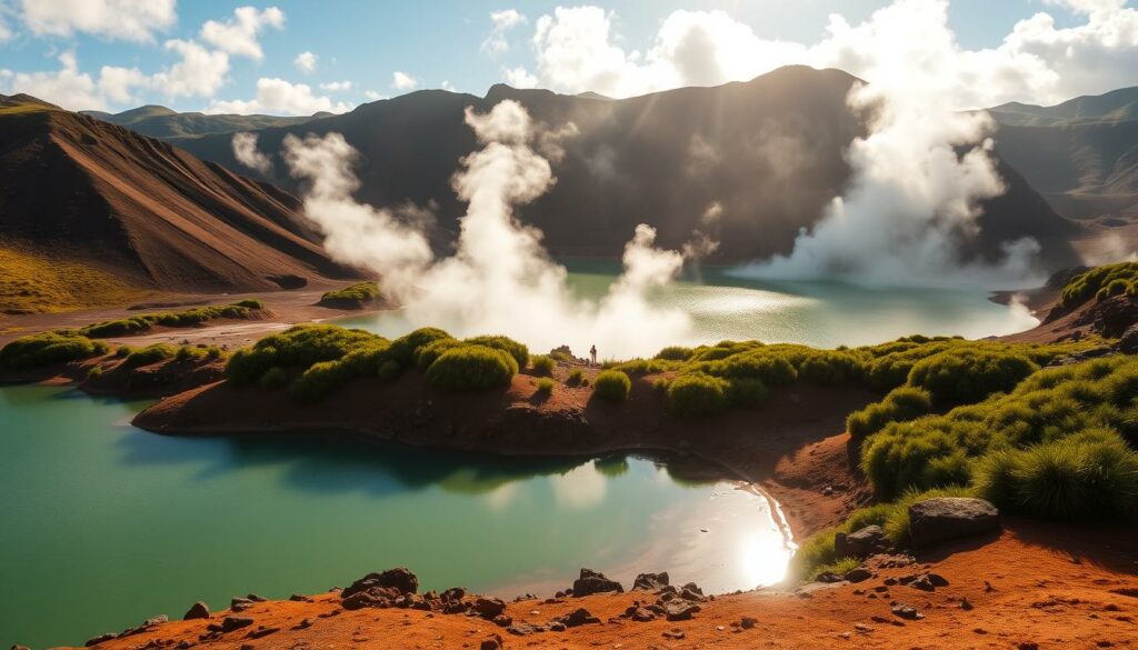 A serene, sun-dappled scene of the Lagoa Furnas Thermalquellen in São Miguel, Azores. The tranquil, emerald-green waters of the thermal lake are surrounded by gently sloping hills and lush, verdant vegetation. Billowing plumes of steam rise from the natural hot springs, creating an ethereal, otherworldly atmosphere. The warm, earthy tones of the rocks and soil contrast with the vibrant hues of the foliage, painting a picturesque landscape teeming with volcanic activity. A wide-angle lens captures the panoramic vista, highlighting the dramatic, towering caldera walls in the background. The scene is bathed in soft, golden light, conveying a sense of serenity and natural wonder.