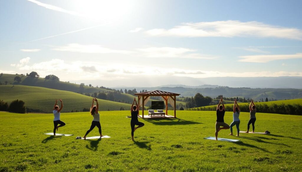 A serene, sun-drenched meadow nestled in the rolling hills of Portugal, offering a picturesque setting for a budget-friendly yoga retreat. In the foreground, a group of practitioners flow through a gentle vinyasa sequence, their movements graceful and deliberate. The middle ground features a simple but charming yoga pavilion, its wooden structure blending seamlessly with the lush, verdant landscape. In the background, a distant mountain range frames the scene, creating a sense of tranquility and connection with nature. The soft, golden light filters through wispy clouds, casting a warm, soothing glow over the entire composition. The overall atmosphere is one of simplicity, affordability, and the rejuvenating power of yoga in a stunning natural setting.
