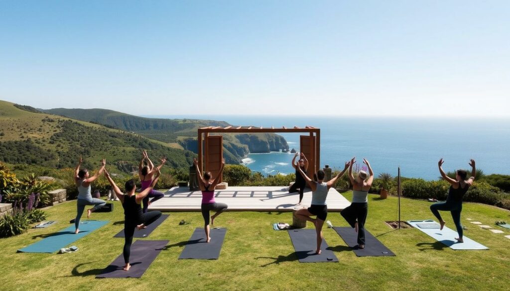 A serene, sun-drenched outdoor yoga studio nestled among the lush, rolling hills of Ericeira, Portugal. In the foreground, a group of practitioners gracefully flow through a sequence of asanas, their movements fluid and mindful. The middle ground features a tranquil, open-air pavilion with wooden beams and panels, offering a peaceful space for meditation and relaxation. In the background, the rugged coastline and azure waters of the Atlantic Ocean provide a breathtaking backdrop, inviting visitors to immerse themselves in the harmonious blend of nature, wellness, and community that defines the Ericeira experience.
