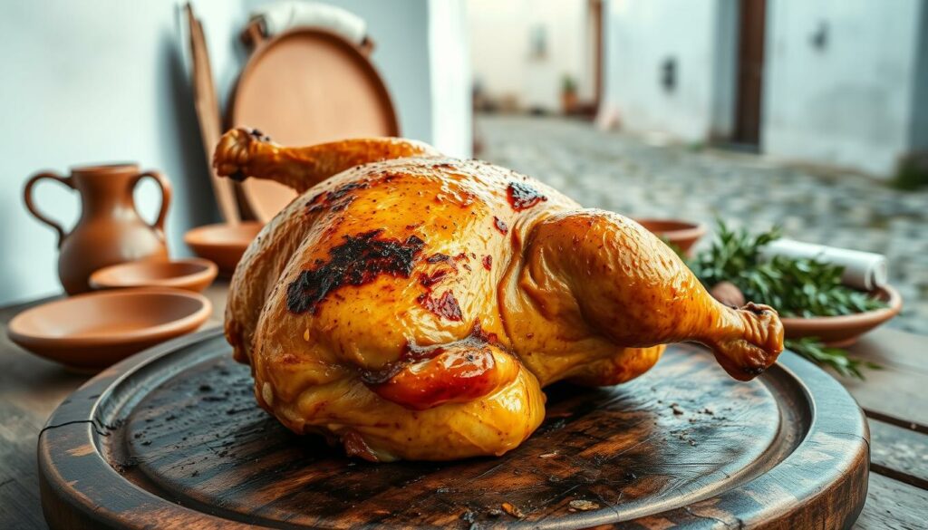 A sizzling, golden-brown grilled chicken against a rustic Portuguese backdrop. In the foreground, a whole bird, its skin crisp and glistening, rests on a weathered wooden platter. The middle ground features a simple, earthy table setting with terracotta dishes, a jug of olive oil, and fresh herbs. In the background, whitewashed walls and a glimpse of a cobblestone street evoke the traditional Portuguese countryside. The warm, natural lighting casts a soft, inviting glow, accentuating the juicy textures and aromatic seasonings. An authentic representation of the beloved "Frango no Churrasco" or Traditional Portuguese Grilled Chicken.