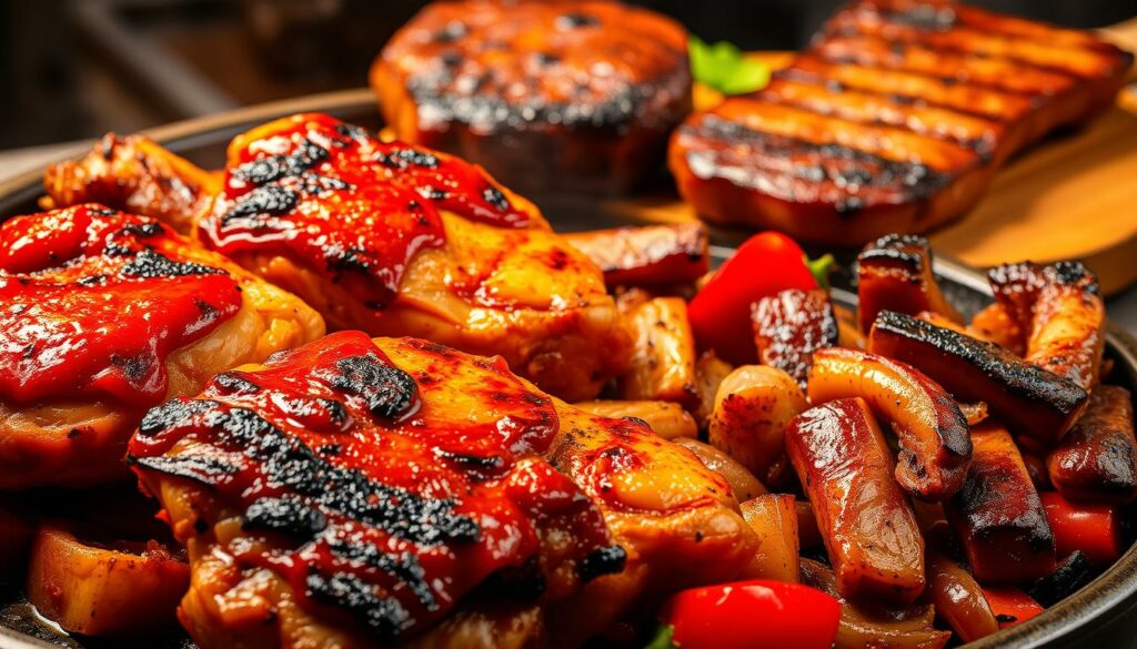A sizzling platter of bold Algarve-style meat dishes takes center stage, simmering with a fiery blend of regional spices. In the foreground, juicy grilled chicken thighs are glazed with a vibrant piri-piri sauce, their charred edges glistening under warm, dramatic lighting. Surrounding them, tender strips of pork sizzle atop a bed of roasted red peppers and onions, their rich flavors accentuated by a generous sprinkle of smoked paprika. In the background, a mouthwatering Iberian pork chop rests on a wooden surface, its succulent meat infused with the smoky essence of the traditional Algarvian grill. The scene exudes the bold, unapologetic character of the region's cuisine, inviting the viewer to savor the fiery delights of the Algarve.