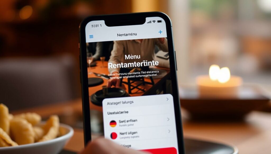 A sleek, modern smartphone interface displaying a "Menü Übersetzung App" against a warm, cozy backdrop. The app's UI is clean and intuitive, with a focus on translating restaurant menus in multiple languages. Soft, diffused lighting illuminates the screen, creating a sense of ambient comfort. The scene conveys the app's functionality as a helpful travel companion, enabling seamless navigation of foreign dining experiences. The overall mood is one of efficiency and ease, reflecting the app's purpose as a language translation tool for the discerning traveler.
