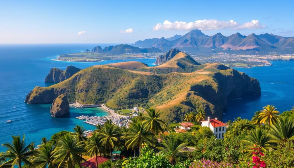 A sprawling archipelago of lush, verdant islands set against the deep blue expanse of the Atlantic Ocean. Steep, dramatic cliffs plunge into crystal-clear waters, dotted with charming coastal towns and picturesque harbors. In the foreground, a vibrant array of tropical flora and fauna, from towering palm trees to vibrant wildflowers. The middle ground features quaint whitewashed buildings, their red-tiled roofs reflecting the warm, golden sunlight. In the distance, rolling hills and rugged volcanic peaks rise up, their slopes blanketed in a patchwork of verdant forests and undulating meadows. The scene is suffused with a sense of tranquility and timeless natural beauty, evoking the allure of these remote, idyllic island paradises.