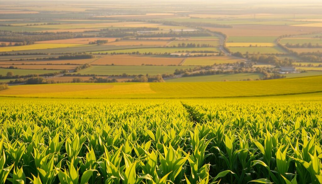A sprawling field of lush, verdant crops stretches out before the viewer, bathed in warm, golden sunlight. In the foreground, rows of vibrant green stalks sway gently in a light breeze, their leaves rustling softly. Beyond, a patchwork of well-tended plots and farmland extend towards a distant horizon, dotted with the silhouettes of silos and farm buildings. The scene conveys a sense of bountiful productivity, the fruits of careful cultivation and the vital role of agriculture in sustaining life. A sense of tranquility and harmony permeates the landscape, hinting at the essential connection between the land, its caretakers, and the cycle of growth that sustains us all.