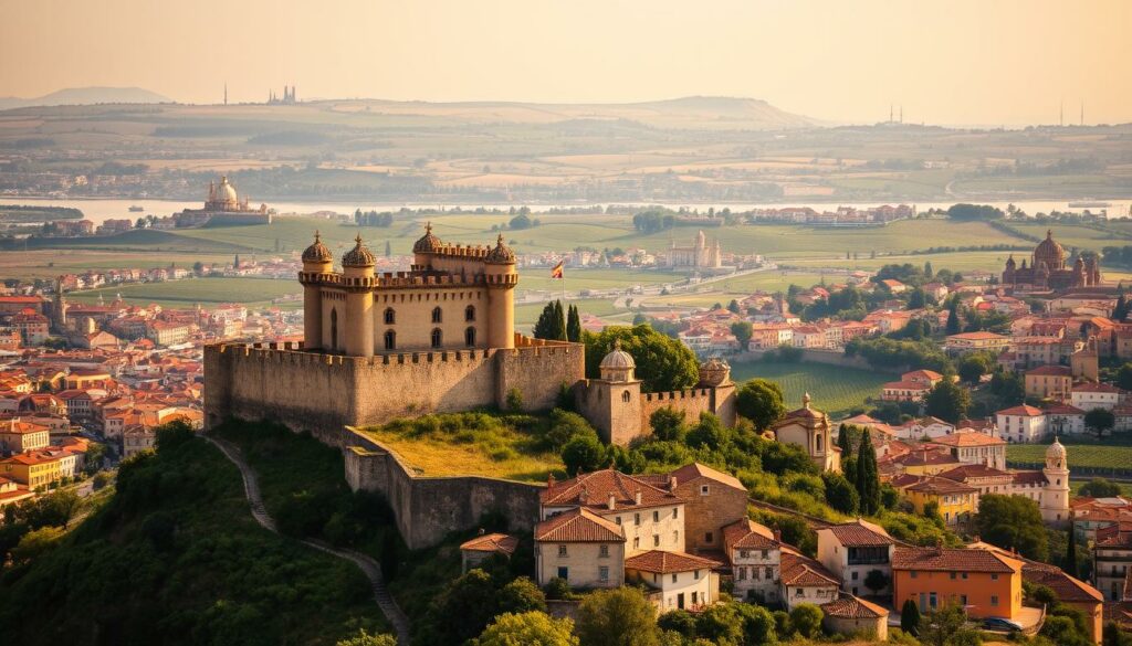 A sprawling landscape of Portugal and Spain, where the past and present intertwine. In the foreground, a magnificent castle perched atop a hill, its weathered stone walls and turrets gleaming in the golden light. Surrounding it, a vibrant tapestry of traditional architecture, from quaint coastal villages to grand cathedrals, each bearing the marks of centuries of history. In the middle ground, rolling hills and lush vineyards, a testament to the agricultural heritage of these nations. The background fades into a hazy horizon, where the silhouettes of ancient monuments and landmarks stand as sentinels to the enduring cultures that have thrived here. The scene is bathed in a warm, dreamy ambiance, inviting the viewer to explore the rich tapestry of Iberian history and heritage.