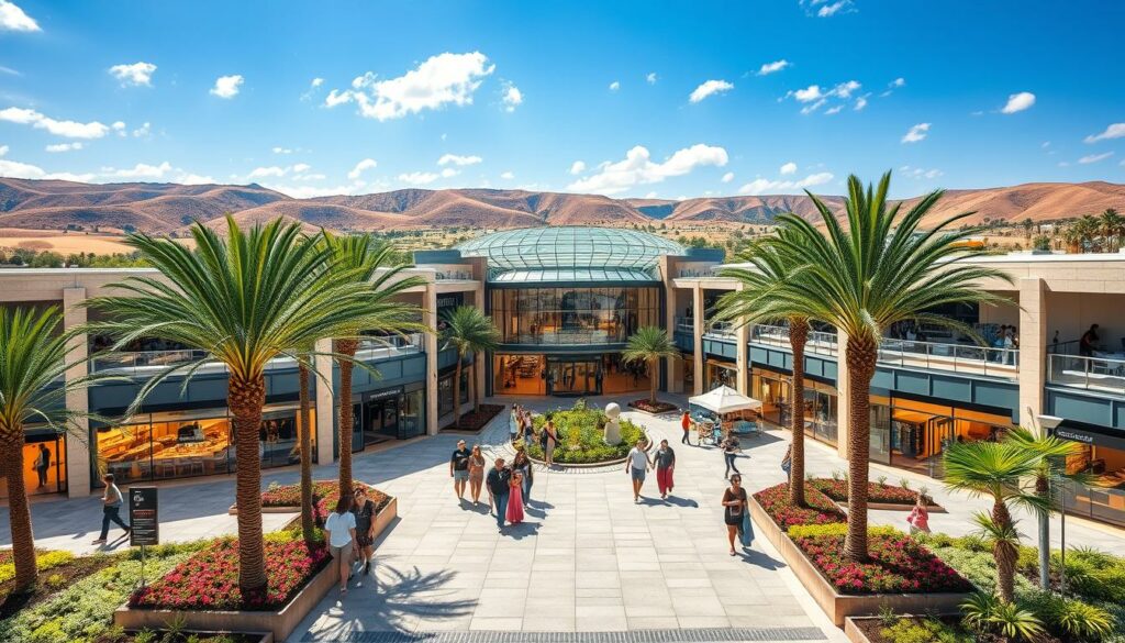 A sprawling, modern Algarve Shopping Center nestled against a backdrop of rolling hills and azure skies. The facade features a harmonious blend of glass, steel, and natural stone, creating a sleek and sophisticated architectural statement. Lush palm trees and vibrant flower beds line the entrance, inviting visitors to explore the bustling interior. Sunlight pours in through large skylights, illuminating the diverse array of high-end boutiques, gourmet eateries, and specialty shops. Shoppers stroll leisurely through the spacious, well-appointed walkways, taking in the elegant ambiance and the stunning views of the surrounding countryside. The center exudes a sense of refined elegance, making it an indispensable destination for stylish shopping and dining in the heart of the Algarve.