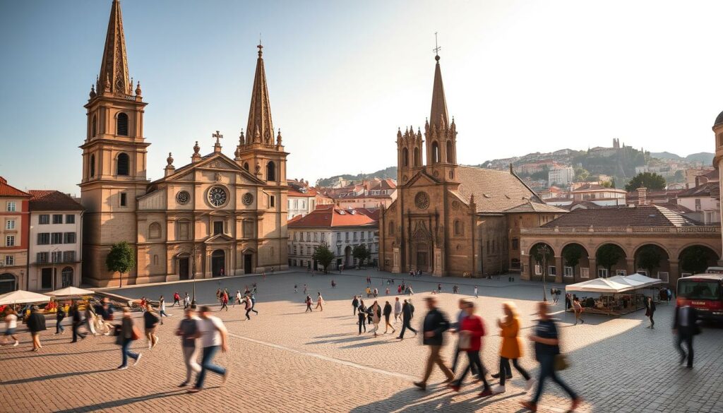 A sprawling town square, Largo Carlos Amarante, anchored by the grand facades of two historic churches, their soaring steeples and intricate architectural details bathed in warm, golden light. In the foreground, a cobblestone plaza bustles with pedestrians, their movement captured in a soft blur, while in the middle ground, the churches stand as silent sentinels, their stone walls and ornate carvings casting dramatic shadows. In the background, the picturesque cityscape of Braga rises, its red-tiled roofs and narrow streets creating a sense of timeless charm. The scene exudes a serene, contemplative atmosphere, inviting the viewer to pause and marvel at the harmonious blend of sacred and civic spaces that define this historic Portuguese town.