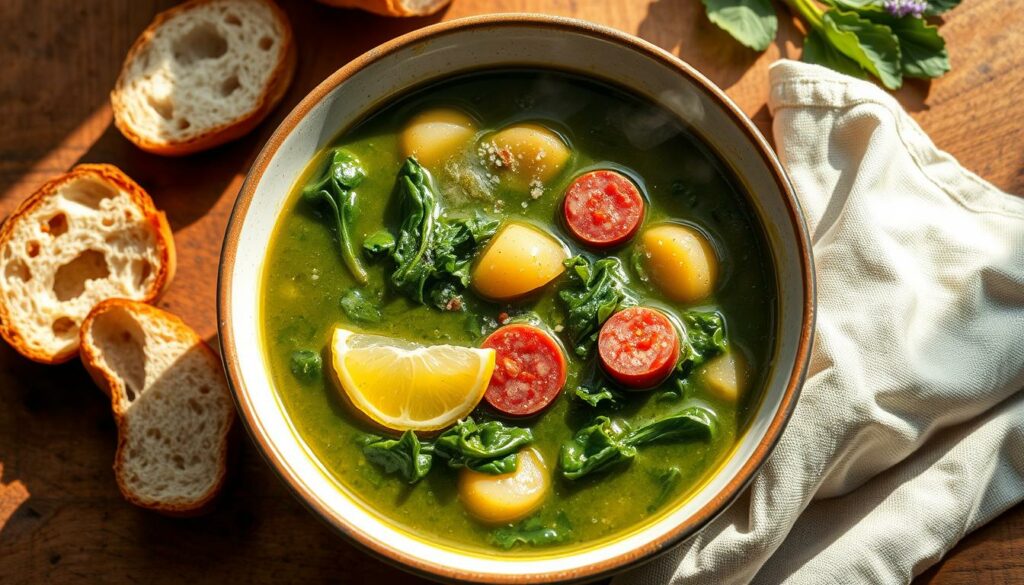 A steaming bowl of Caldo Verde, the traditional Portuguese kale soup, takes center stage. The vibrant green broth is filled with tender slices of potatoes and hearty chunks of chouriço sausage, creating a comforting and flavor-packed dish. The kale leaves are delicately wilted, their verdant hues complementing the earthy tones of the soup. A drizzle of olive oil glistens on the surface, while a sprinkle of coarse salt and a squeeze of fresh lemon add a bright, tangy accent. The scene is bathed in warm, natural lighting, casting a cozy, homemade atmosphere. The bowl is set atop a rustic wooden table, with a simple linen napkin and a crusty slice of bread nearby, inviting the viewer to indulge in this quintessential taste of Portugal.