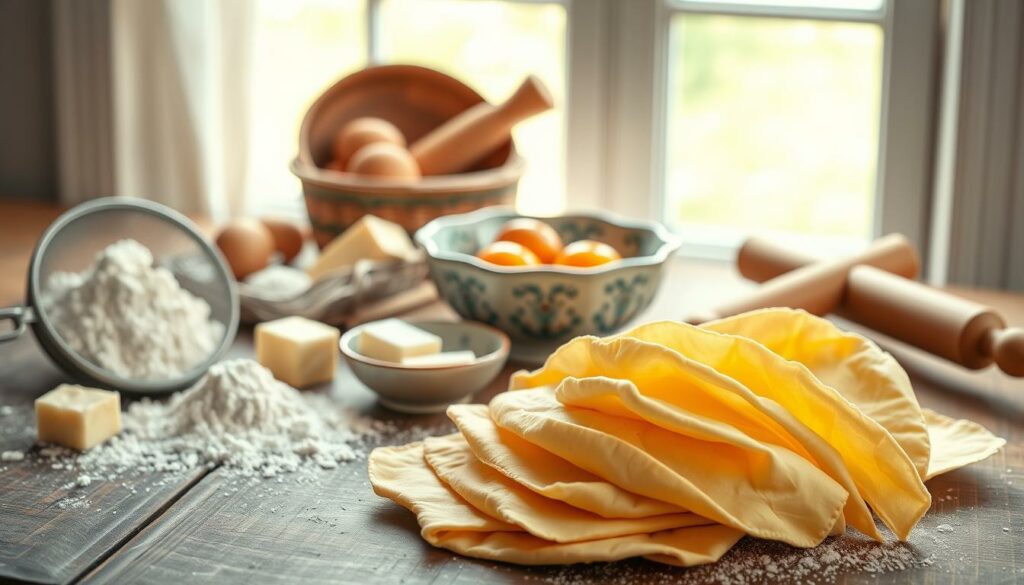 A still life arrangement of freshly prepared puff pastry ingredients on a rustic wooden table. In the foreground, a pile of golden-brown puff pastry sheets, flaky and inviting. Surrounding them, an assortment of baking essentials - a sifter of all-purpose flour, a pat of butter, a small bowl of sugar, and a pair of rolling pins. In the middle ground, a vintage ceramic bowl filled with cracked eggs, their yolks a rich, golden hue. In the background, a window lets in soft, diffused natural light, casting a warm glow over the scene. The overall atmosphere is one of comforting domesticity, with a sense of anticipation for the delicious pastries to come.