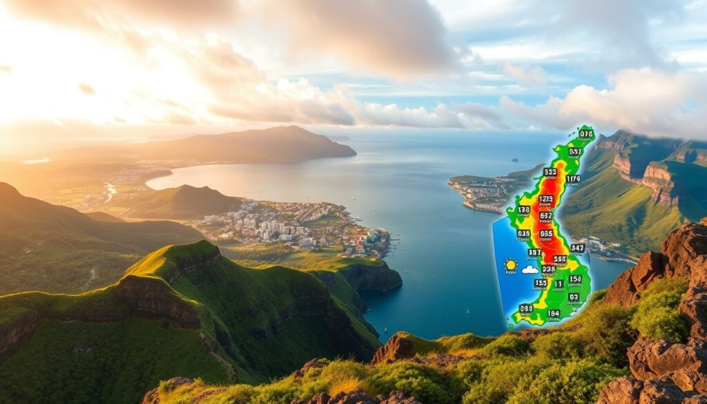 A stunning 16-day weather forecast for the lush, tropical island of Madeira. The foreground showcases a vibrant, high-resolution weather map of the island, with detailed icons indicating temperature, precipitation, and wind patterns over the next two weeks. The middle ground features a serene, panoramic view of Madeira's picturesque landscape, including its iconic rocky coastline, verdant hills, and charming seaside towns. The background captures the island's breathtaking natural beauty, with dramatic, cloud-swept skies and a warm, golden glow casting a tranquil ambiance over the entire scene. The overall composition evokes a sense of anticipation and excitement for the upcoming weather and travel plans to this idyllic Portuguese destination.