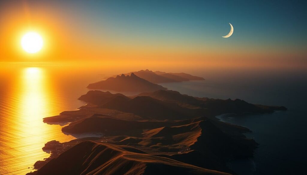 A stunning aerial landscape depicting a vivid UV index and a waxing crescent moon over the idyllic island of Madeira. In the foreground, the sun's powerful ultraviolet rays bathe the lush, rolling hills and rugged coastline in a vibrant, almost ethereal glow. The middle ground features the serene silhouette of the island, its distinctive peaks and valleys casting dramatic shadows across the terrain. In the distance, a luminous crescent moon hangs low in the dusky sky, its gentle light casting a soft, ethereal glow over the entire scene. The overall mood is one of natural beauty, environmental awareness, and the captivating interplay of celestial and terrestrial elements.