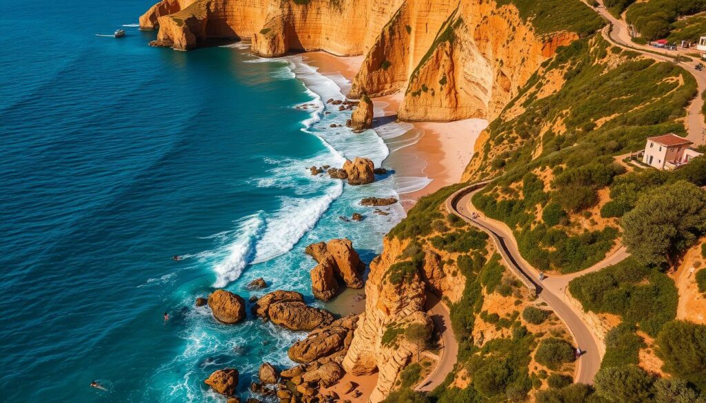 A stunning aerial view of the Praia da Falésia, a breathtaking beach in Albufeira, Portugal. The vibrant blue waters of the Atlantic Ocean crash against the towering ochre-colored cliffs, creating a dramatic and picturesque landscape. In the foreground, people can be seen enjoying various activities, such as sunbathing, swimming, and exploring the rocky outcrops. The middle ground features a winding path along the cliff edge, offering visitors stunning panoramic views. In the background, lush green vegetation cascades down the cliffs, creating a harmonious blend of nature and the built environment. The scene is illuminated by warm, golden sunlight, casting a serene and inviting atmosphere. A sense of tranquility and adventure permeates the entire composition.