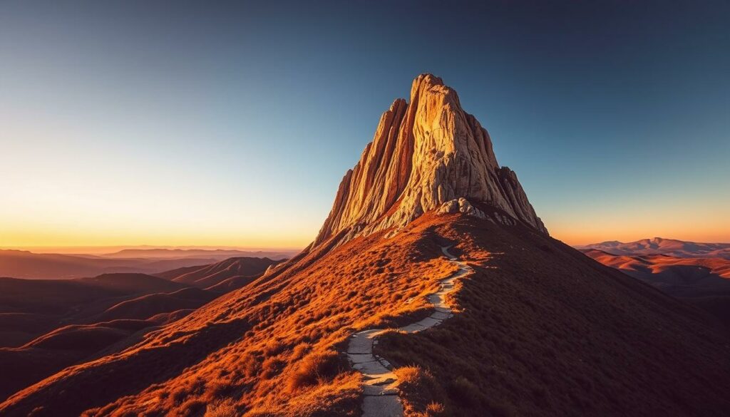 A stunning aerial vista of the Penha de Águia, a majestic granite peak towering over the rugged Alentejo landscape. Bathed in warm, golden light, the exposed rock formations cast dramatic shadows across the undulating terrain below. In the foreground, a winding trail leads the eye upwards, inviting the viewer to explore the intricate geological features and breathtaking panoramic views from the summit. The scene evokes a sense of tranquility and wonder, capturing the essence of the "Belohnung am Gipfel: Aussichten und Geologie" experience. A stunning aerial vista of the Penha de Águia, a majestic granite peak towering over the rugged Alentejo landscape. Bathed in warm, golden light, the exposed rock formations cast dramatic shadows across the undulating terrain below. In the foreground, a winding trail leads the eye upwards, inviting the viewer to explore the intricate geological features and breathtaking panoramic views from the summit. The scene evokes a sense of tranquility and wonder, capturing the essence of the "Belohnung am Gipfel: Aussichten und Geologie" experience.