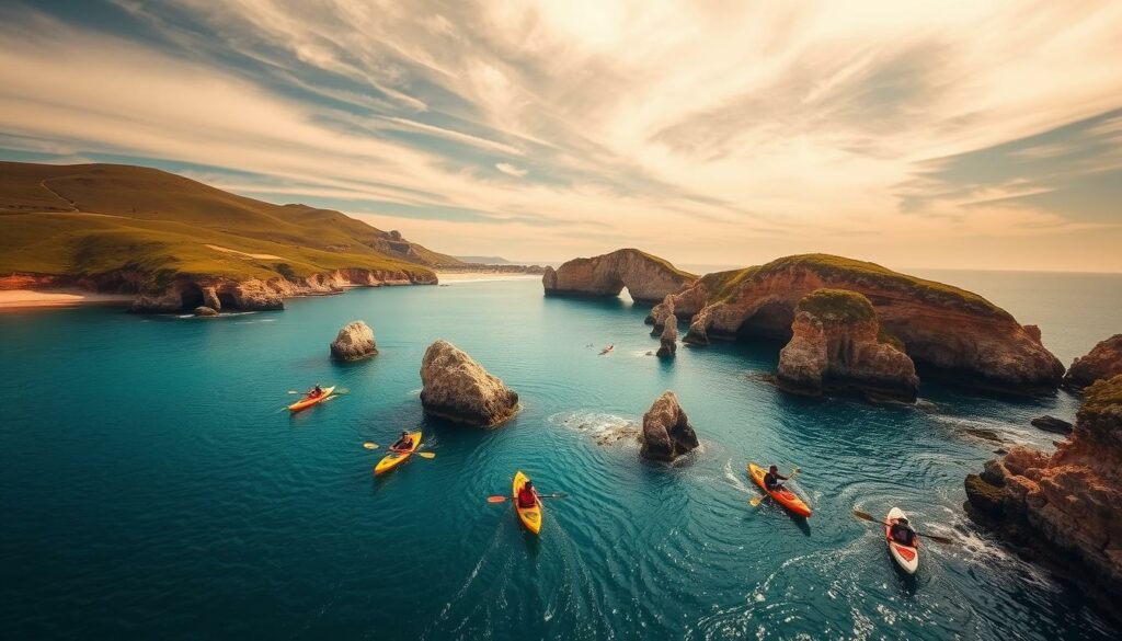 A stunning coastal landscape in the Algarve region, Portugal. In the foreground, a group of adventurous kayakers navigating the tranquil turquoise waters, weaving between rocky sea stacks and caves. Lush green hills and cliffs rise up in the middle ground, providing a dramatic backdrop. The sky is filled with wispy clouds, casting a warm, golden glow over the scene. In the distance, the iconic Benagil sea cave can be seen, its massive limestone archway inviting further exploration. The overall atmosphere is one of serene tranquility, with a sense of scale that emphasizes the natural beauty and rugged terrain of this picturesque coastal area. Captured with a wide-angle lens to accentuate the grandeur of the setting.
