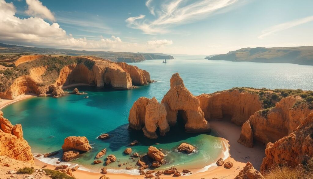A stunning coastal landscape of the Algarve region, Portugal. In the foreground, sun-drenched sandy beaches dotted with dramatic rock formations, their rugged edges carved by the relentless waves. Towering cliffs in shades of ochre and terracotta rise up, casting dramatic shadows over the crystalline turquoise waters. The middle ground is punctuated by picturesque coves and hidden inlets, inviting exploration. In the background, rolling hills and lush vegetation create a lush, verdant backdrop, accentuating the serene, idyllic atmosphere. Warm, golden sunlight filters through wispy clouds, illuminating the scene with a soft, ethereal glow. Captured with a wide-angle lens to showcase the breathtaking scale and grandeur of this stunning natural wonder.