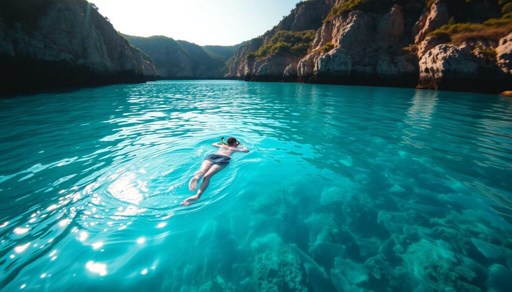 A stunning, crystal-clear turquoise bay, surrounded by rugged cliffs and lush vegetation. In the foreground, a snorkeler effortlessly glides through the tranquil waters, their silhouette mirrored on the surface. The sunlight filters through the waves, casting a warm glow and creating mesmerizing patterns. The middle ground reveals a vibrant underwater world teeming with colorful marine life. In the background, the rugged coastline rises up, dotted with lush greenery. The entire scene evokes a sense of serene, untouched natural beauty, inviting the viewer to dive in and explore this hidden oasis.