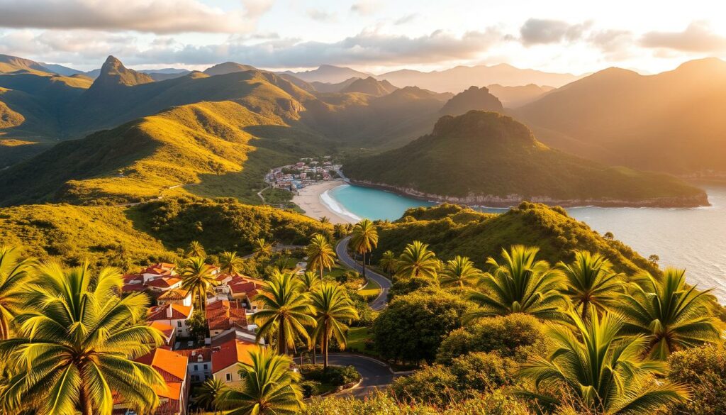 A stunning landscape of Madeira Island in October, with lush, verdant hills and rolling mountains in the background. The foreground features a picturesque coastal town, its colorful buildings and terracotta roofs nestled among swaying palm trees. The warm, golden sunlight bathes the scene, creating a serene and inviting atmosphere. In the middle ground, a winding path leads towards a secluded beach, where azure waters lap gently against the shore. The overall composition evokes a sense of tranquility and the perfect time to visit this island paradise.