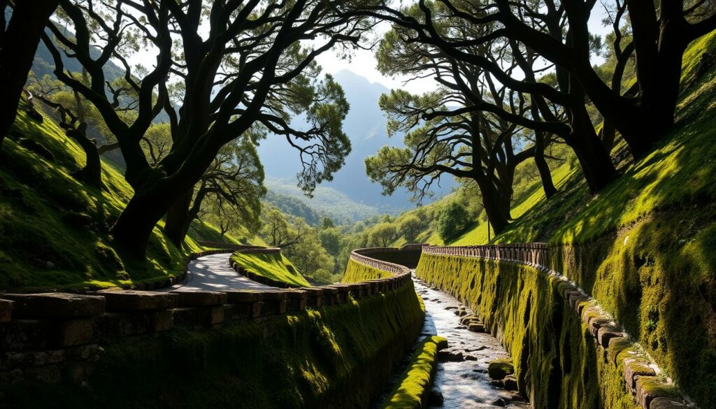 A stunning landscape of the historic Levada dos Cedros hiking trail, winding through a lush, verdant valley in Madeira, Portugal. Towering, ancient cedar trees line the edges of the stone-lined irrigation canal, casting dramatic shadows across the path. Soft, diffused sunlight filters through the canopy, illuminating the intricate moss-covered stone walls and the gently flowing water. In the distance, rolling hills and rugged mountains rise up, creating a picturesque backdrop. The scene evokes a sense of timeless tranquility and the rich history of this unique levada system. Capture the essence of this enchanting, centuries-old waterway and the natural beauty that surrounds it.