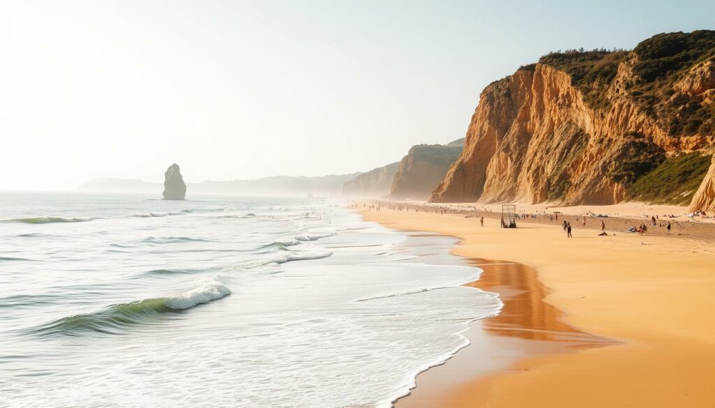 A stunning panoramic view of the endless golden sand beaches of Figueira da Foz, Portugal. In the foreground, gently lapping waves caress the shore, their reflections shimmering in the warm sunlight. Towering cliffs and lush greenery line the horizon, framing the scene with a rugged, natural beauty. Beachgoers dot the pristine sands, enjoying the tranquil atmosphere and mild coastal breeze. The image is captured with a wide-angle lens, emphasizing the vastness and grandeur of this picturesque seaside town. An enchanting, timeless portrayal of Figueira's captivating coastal charm.