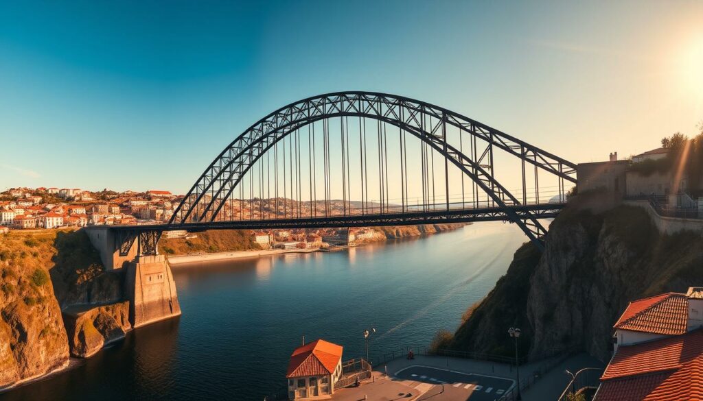 A stunning, panoramic view of the iconic Ponte Luís I Bridge in the heart of Porto, Portugal. The graceful, double-decker steel arch structure spans majestically over the Douro River, its elegant silhouette reflecting in the tranquil waters below. The bridge's upper level, accessible by pedestrians, offers breathtaking vistas of the charming city, with its vibrant red-tiled roofs and historic buildings cascading down the hillsides. Warm, golden sunlight bathes the scene, casting dramatic shadows and highlighting the bridge's intricate metalwork. A wide-angle lens captures the grand scale of this architectural marvel, framed by the dramatic cliffs and the quaint, riverside promenade in the foreground. The overall mood is one of awe and wonder, perfectly capturing the essence of this beloved landmark and a quintessential Porto postcard moment.