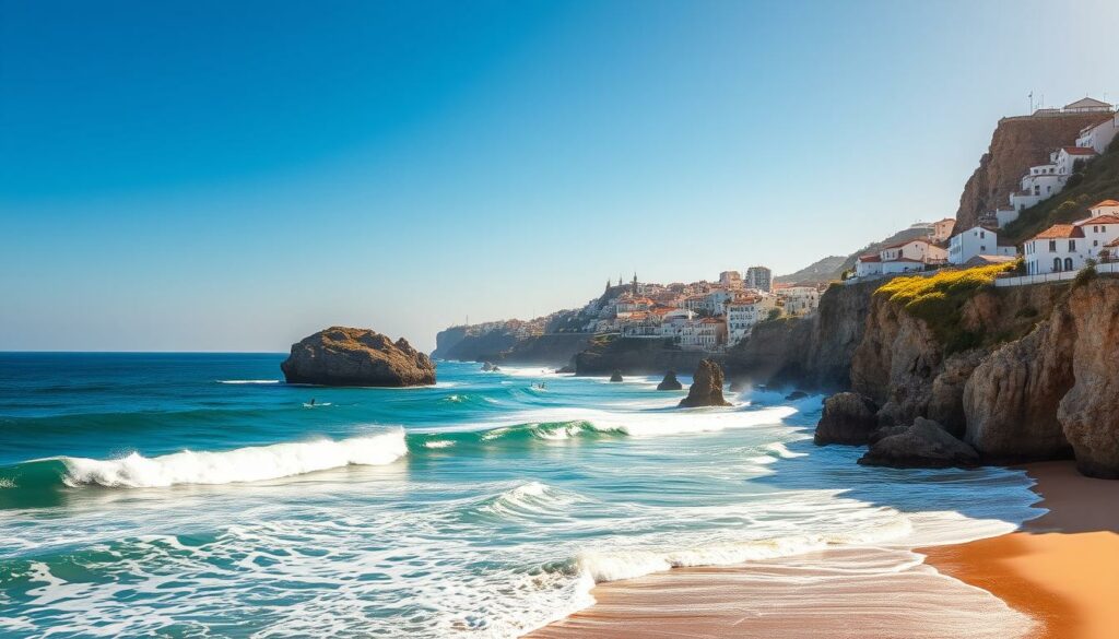 A stunning seaside panorama of the renowned surfing destination Ericeira, Portugal. In the foreground, pristine sandy beaches and crashing azure waves beckon surfers of all levels. The middle ground reveals rugged cliffs dotted with lush greenery, their weathered faces carved by the relentless ocean. In the distance, picturesque whitewashed buildings and terracotta roofs cascade down the hillsides, framed by a vibrant blue sky. Warm, golden sunlight bathes the scene, creating a serene and inviting atmosphere. Captured through the lens of a wide-angle camera, this image showcases Ericeira's renowned surfing heritage and the natural beauty that draws wave-riders from around the world.