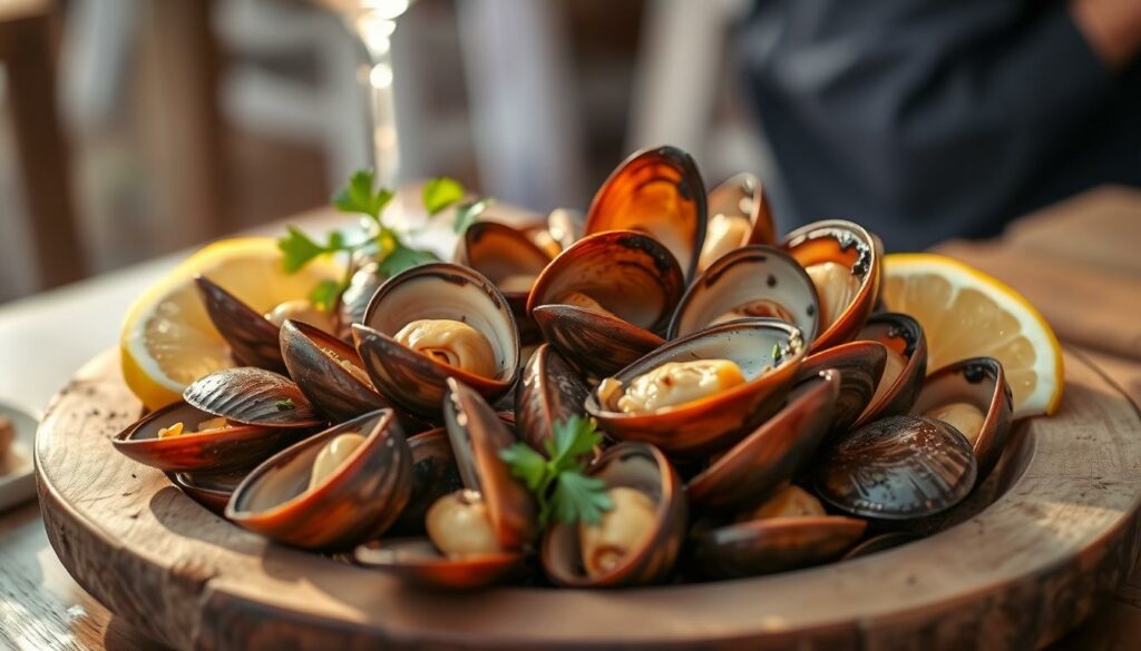 A succulent plate of freshly grilled limpets (Gegrillte Napfschnecken) takes center stage. The plump, juicy mollusks sizzle on a rustic wooden platter, their vibrant orange-brown shells glistening under the warm, golden light of a seaside tavern. Sprigs of parsley and wedges of lemon adorn the dish, adding a touch of freshness and acidity to balance the savory, briny flavors. The composition evokes the casual, convivial atmosphere of a Madeiran seaside feast, where these local delicacies are celebrated and shared among family and friends.