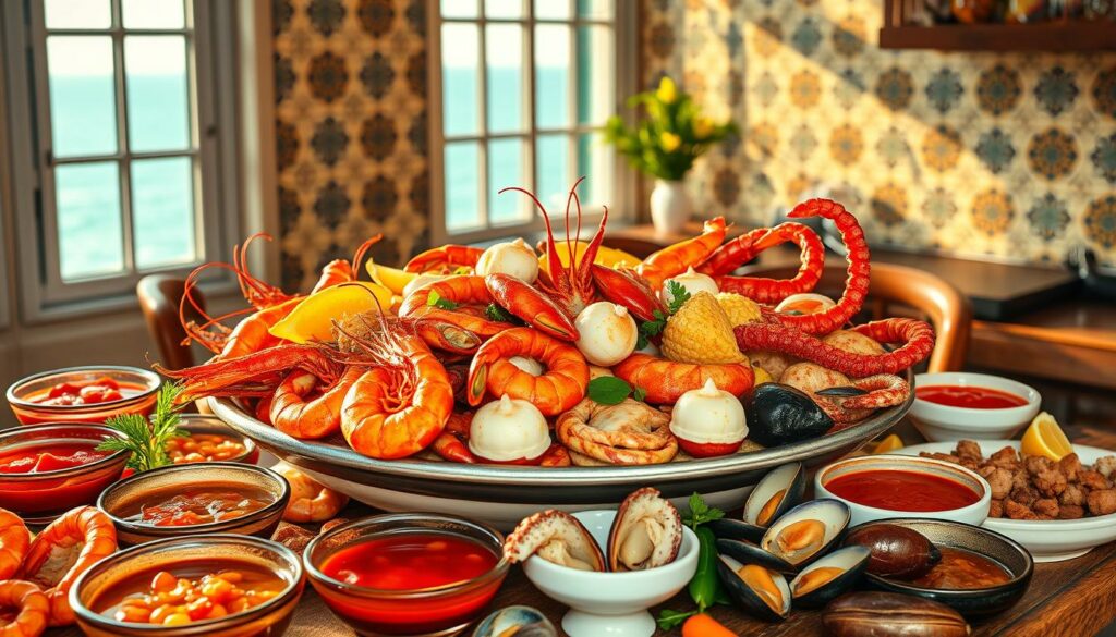 A sumptuous feast of Portuguese seafood delights, captured in a vibrant culinary still life. A central platter showcases glistening prawns, tender octopus tentacles, and succulent clams, surrounded by bowls of vibrant sauces and garnishes. The warm, golden lighting casts a cozy, inviting glow, highlighting the fresh, briny aromas. In the background, a tiled wall with intricate patterns evokes the coastal charm of Portugal, while a large window allows natural light to filter in, creating a sense of openness and connection to the sea beyond. The composition is balanced and harmonious, inviting the viewer to savor the flavors and textures of this authentic Portuguese seafood experience.