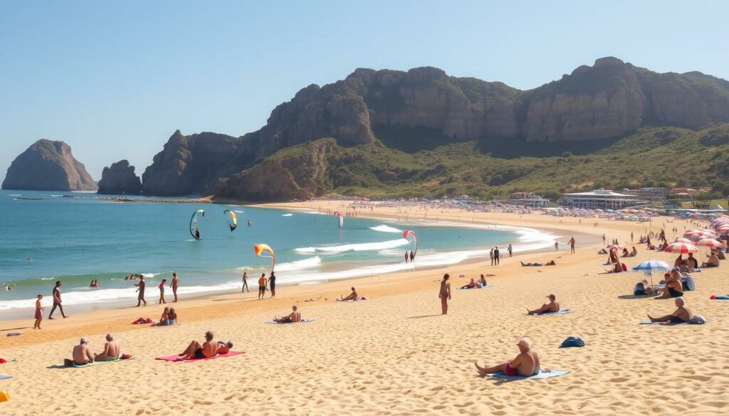 A sun-dappled beach at Praia do Zavial, with beachgoers engaged in a variety of activities. In the foreground, people sunbathing on colorful towels and playing beach games. Towards the middle, a group of windsurfers and kite surfers harnessing the gentle offshore breezes. In the background, a cluster of colorful umbrellas and beach cabanas, surrounded by rugged cliffs that provide a natural windbreak. The scene is bathed in warm, golden light, creating a serene and inviting atmosphere. A wide-angle lens captures the full breadth of the beach and its diverse offerings, showcasing the protected nature of this idyllic coastal setting.