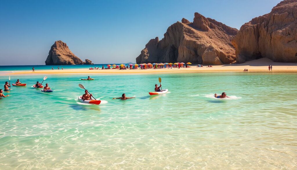 A sun-dappled beach, with crystal-clear azure waters lapping gently at the golden sands. In the foreground, a group of people engaged in various water sports - some kayaking, others paddle boarding, and a few swimming effortlessly through the waves. The middle ground features a line of colorful beach umbrellas and towels, adding a vibrant touch to the scene. In the background, rugged cliffs rise up, their rocky surfaces contrasting with the serene seascape. The lighting is warm and natural, casting a soft glow over the entire landscape. The overall atmosphere is one of relaxation, adventure, and the pure joy of being by the sea.