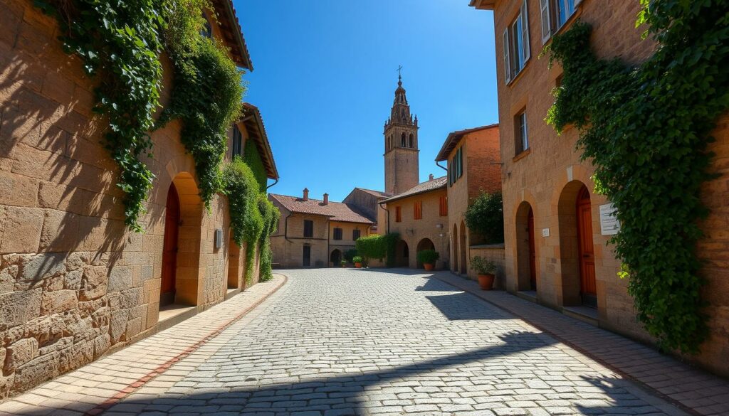 A sun-dappled cobblestone path winds through a charming medieval town, flanked by weathered stone buildings with terra-cotta roofs. Ivy-covered archways frame the scene, casting soft shadows across the worn pavement. In the distance, a towering bell tower rises against a cloudless azure sky, its intricate facade a testament to the region's rich history. The atmosphere is one of timeless tranquility, inviting the viewer to step back in time and immerse themselves in the captivating essence of Linhares da Beira.