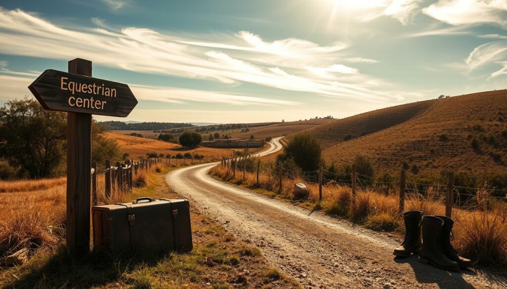 A sun-dappled country road winds through a lush, rolling landscape of the Alentejo region in Portugal. In the foreground, a rustic wooden sign points the way to a nearby equestrian center, its weathered surface hinting at the history and tradition of the locale. Wispy clouds drift overhead, casting gentle shadows across the scene. A vintage suitcase and a pair of riding boots sit alongside the path, suggesting the preparations and excitement of an upcoming journey. The warm, earthy tones of the environment evoke a sense of timeless tranquility, inviting the viewer to envision the joys of traveling through this picturesque natural haven on horseback.