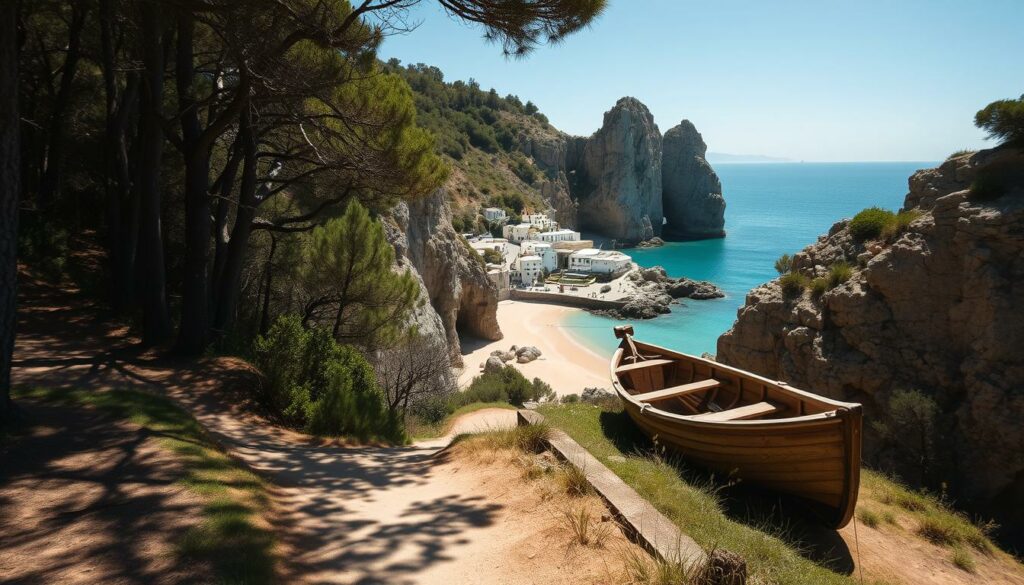 A sun-dappled forest path winds through a secluded Portuguese landscape, leading to a hidden cove with rugged cliffs and a pristine golden-sand beach. Towering rock formations cast dramatic shadows, while a traditional fishing village nestles in the distance, its whitewashed houses and cobblestone streets untouched by the crowds. A weathered wooden boat rests on the tranquil turquoise waters, capturing the essence of Portugal's untamed natural beauty, away from the typical tourist trails. Capture this serene, off-the-beaten-path scene with a wide-angle lens, highlighting the interplay of light and shadow, the rugged coastline, and the timeless, untouched quality of this unspoiled corner of the country.