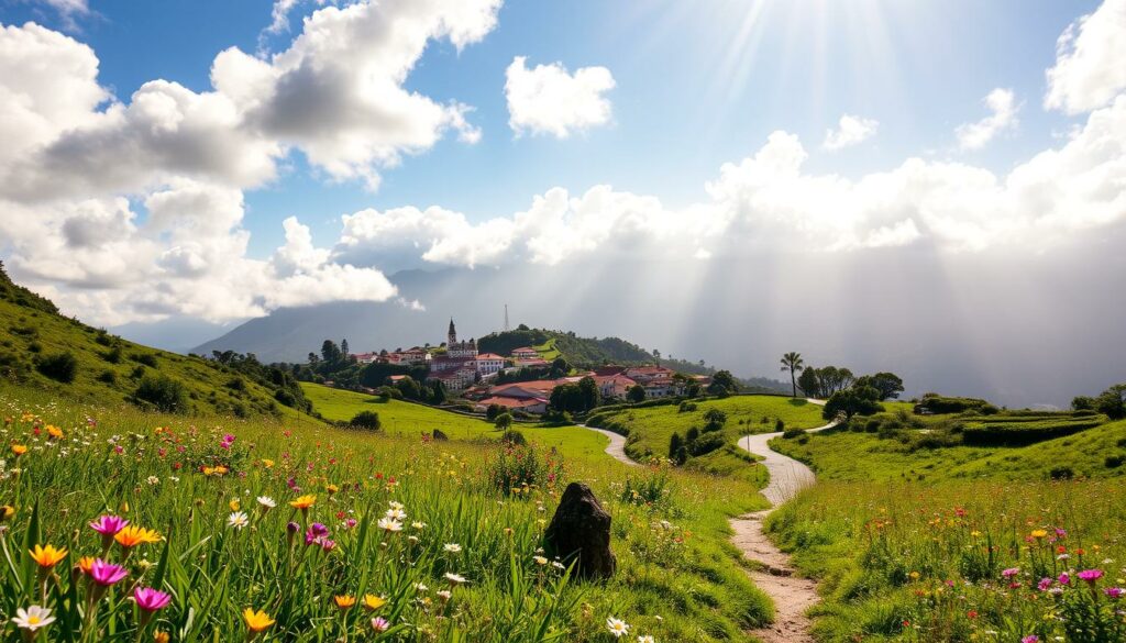 A sun-dappled meadow in Madeira, with fluffy white clouds casting playful shadows across the lush, verdant landscape. Bursts of colorful wildflowers dot the foreground, their petals swaying gently in a warm, refreshing breeze. In the middle ground, a winding path leads the eye toward a picturesque village, its terracotta roofs and whitewashed walls bathed in the golden glow of the afternoon sun. Towering, mist-shrouded mountains rise majestically in the distance, their peaks piercing the veil of light rain that drifts across the scene, creating a sense of tranquil, ephemeral beauty. The overall mood is one of vibrant, ephemeral harmony, perfectly capturing the essence of Madeira's changeable April weather.
