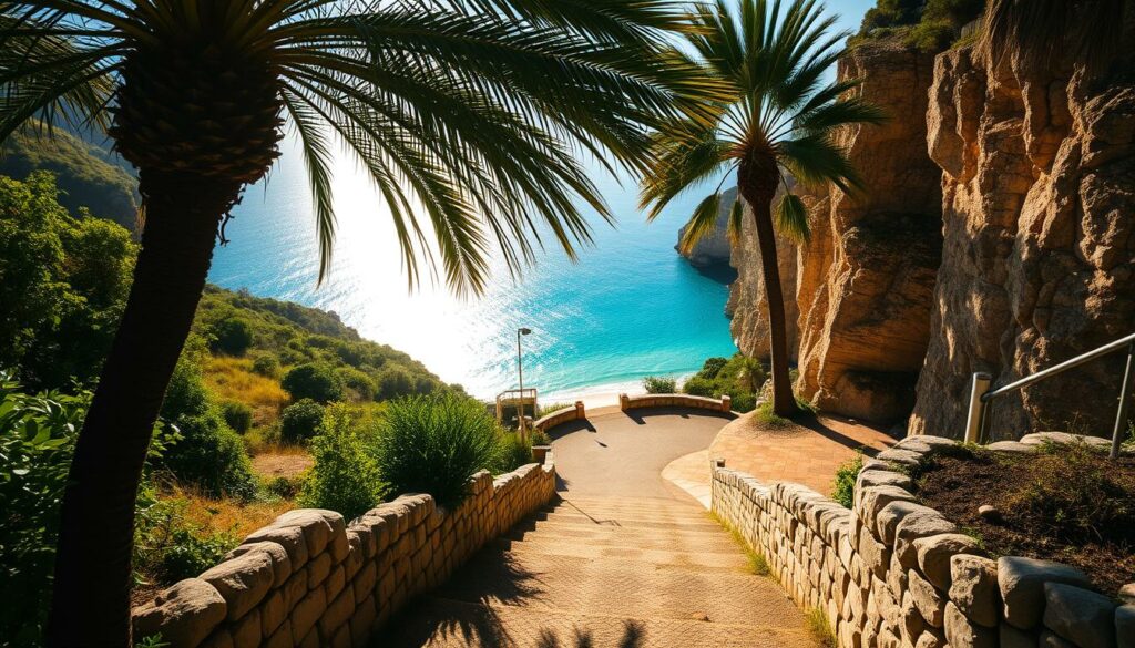 A sun-dappled parking lot nestled amidst lush, verdant hills, with the sparkling azure waters of Praia da Marinha visible in the distance. Rugged stone steps lead down to the secluded beach, inviting visitors on a gentle descent. Warm, golden light filters through swaying palm fronds, casting a serene, laid-back atmosphere. The scene is framed by towering cliffs, their weathered facades hinting at the dramatic coastal landscape beyond. Capture this picturesque, seaside oasis in a cinematic, wide-angle perspective that showcases the stunning natural beauty and the practical accessibility of this charming destination.
