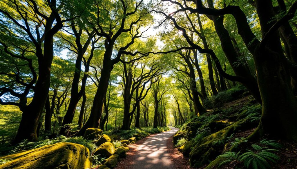 A sun-dappled path winding through a lush, verdant tunnel of ancient laurel trees in Madeira's Laurisilva forest. Towering emerald canopies filter the warm light, casting a serene, almost mystical ambiance. The trail is flanked by mossy boulders and ferns, leading the hiker deeper into this UNESCO World Heritage wonder. A wide-angle lens captures the grandeur of this primeval landscape, inviting the viewer to embark on a tranquil, rejuvenating journey through this enchanting green realm.