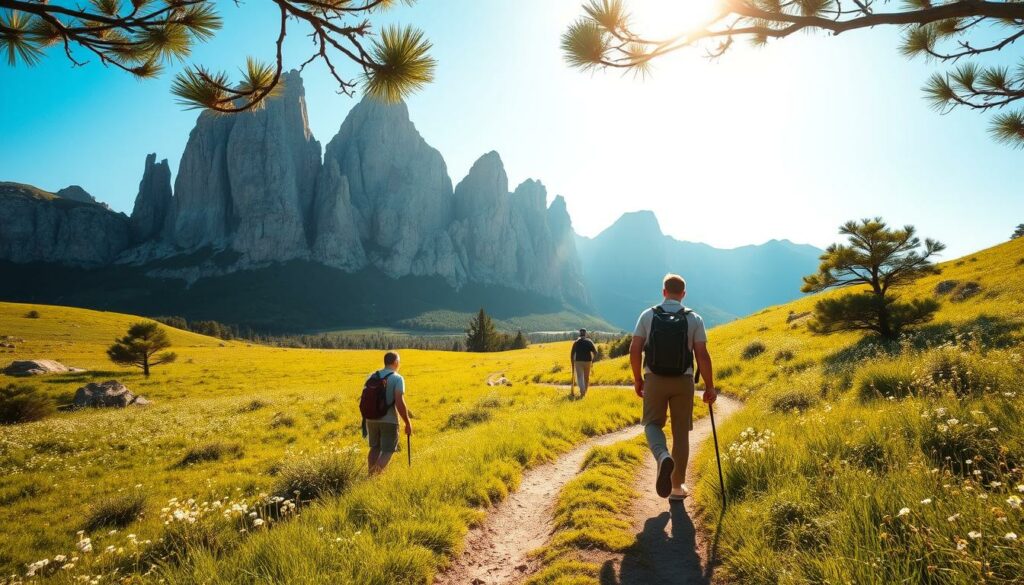 A sun-dappled path winds through lush green meadows, dotted with wildflowers. Towering limestone cliffs rise in the distance, their jagged peaks silhouetted against a brilliant azure sky. A solitary pilgrim, clad in simple attire, strides purposefully along the trail, their backpack and walking staff the only signs of their journey. The air is crisp and invigorating, carrying the scent of pine and damp earth. Warm, golden light filters through the swaying branches overhead, casting a serene, contemplative mood over the scene. This is the Central Camino in Portugal, a timeless pilgrimage route that leads the seeker inward, revealing the hidden landscapes of the heart. A sun-dappled path winds through lush green meadows, dotted with wildflowers. Towering limestone cliffs rise in the distance, their jagged peaks silhouetted against a brilliant azure sky. A solitary pilgrim, clad in simple attire, strides purposefully along the trail, their backpack and walking staff the only signs of their journey. The air is crisp and invigorating, carrying the scent of pine and damp earth. Warm, golden light filters through the swaying branches overhead, casting a serene, contemplative mood over the scene. This is the Central Camino in Portugal, a timeless pilgrimage route that leads the seeker inward, revealing the hidden landscapes of the heart.